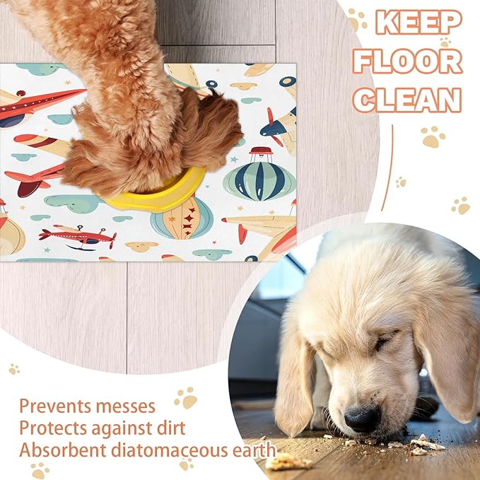 Airplane Dog Food Mat for Floors Absorbent, Quick Dry Water Dispenser Mat for Food, Water, Pet Supplies 16" x 24", Cute Plane