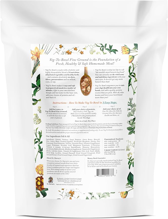 Dr. Harvey's Veg-to-Bowl Fine Ground Dog Food, Human Grade Dehydrated Base Mix for Dogs, Grain Free Holistic Mix for Small Dogs (3 Pounds)
