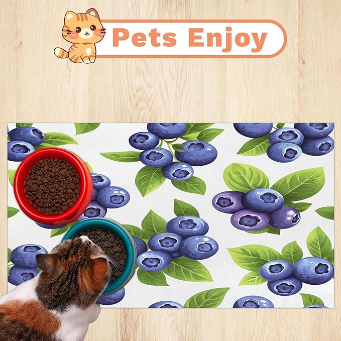Blueberry Fruit Dog Food Mat for Floors Absorbent Dog Bowl Mat for Food and Water Dispenser Quick Dry Cat Food Placemat Pet Supplies 17" x 30", Green Leaves