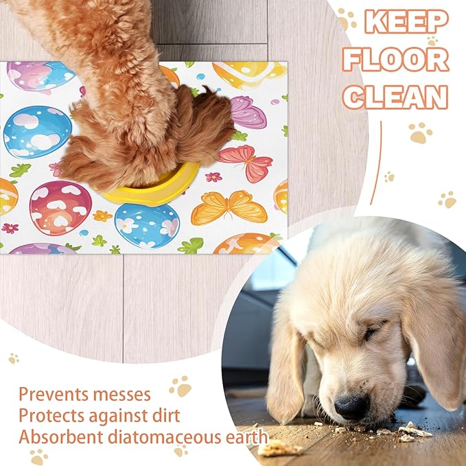 Happy Easter Dog Food Mat for Floors Absorbent Dog Bowl Mat for Food and Water Dispenser Quick Dry Cat Food Placemat Pet Supplies 17" x 30", Butterfly Flower