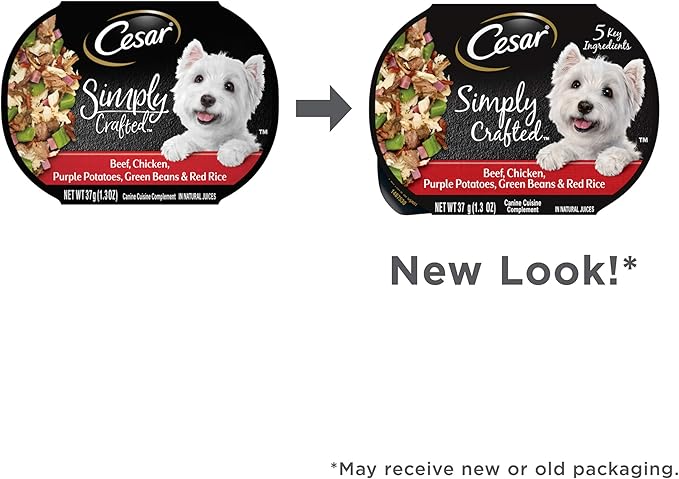 CESAR SIMPLY CRAFTED Adult Soft Wet Dog Food Meal Topper Beef, Chicken, Purple Potatoes, Green Beans & Red Rice, (10) 1.3 oz. Tubs