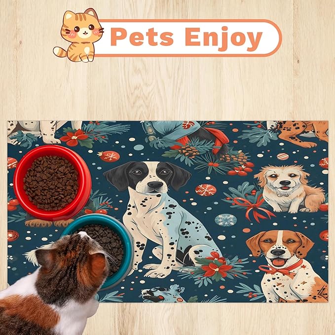 Merry Christmas Dog Food Mat for Floors Absorbent, Quick Dry Water Dispenser Mat for Food, Water, Pet Supplies 24" x 32", Pet Dog