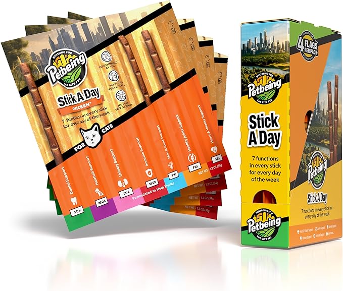 Stick a Day Cats | Specially Formulated 7-in-1 Functions Daily Real Meat Supplement for Cats | Cat Chew Stick & Pet Vitamins Supplements Combination (7-Pack x 4, Chicken)