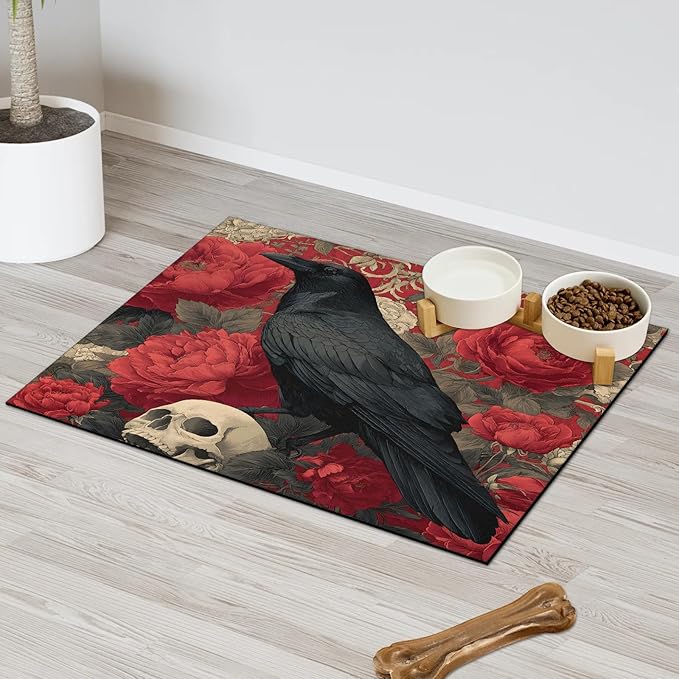 Halloween Raven Dog Food Mat for Floors Absorbent, Quick Dry Water Dispenser Mat for Food, Water, Pet Supplies 17" x 30", Skull Flower