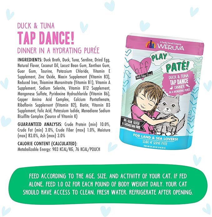 Weruva B.F.F. Play - Best Feline Friend Paté Lovers, Aw Yeah!, Duck & Tuna Tap Dance with Duck & Tuna, 3oz Pouch (Pack of 12)