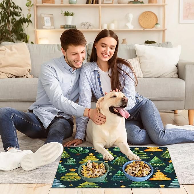 Christmas Trees Dog Food Mat for Floors Absorbent, Quick Dry Water Dispenser Mat for Food, Water, Pet Supplies 12" x 20", Pine Tree Forest