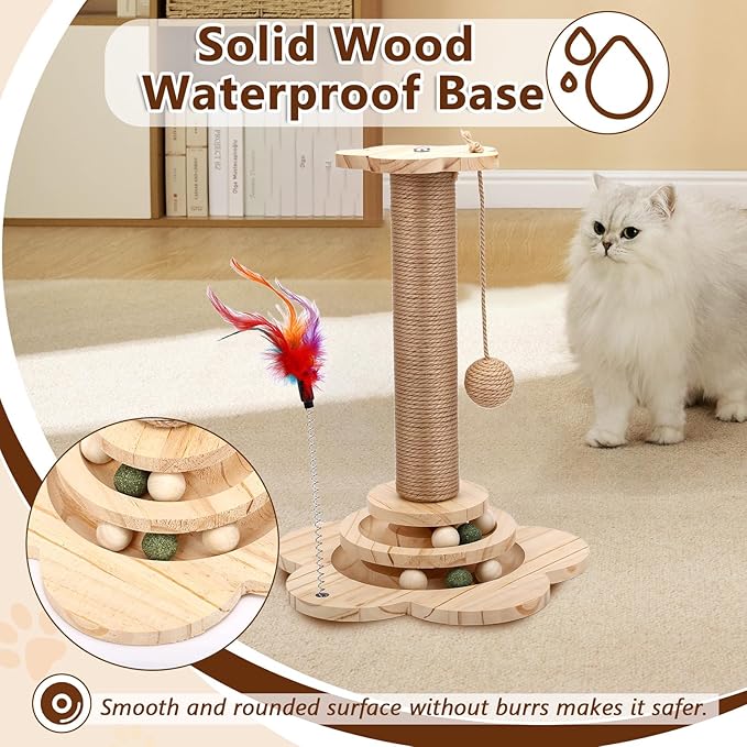 Cat Scratching Post, Cat Tower Scratch Post, Cat Tower with Scratching Post, Wooden Cats Tree with Solid Wood Waterproofing Base Cat Toy and Interactive Ball for Adult Cats & Kittens (Large)