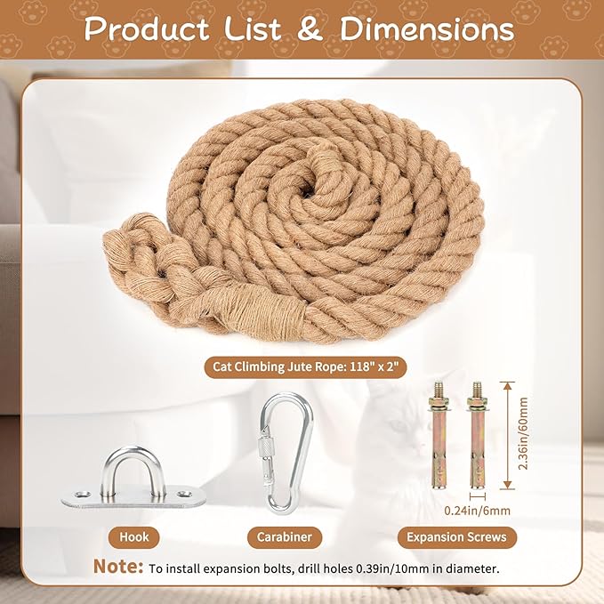 2" x 9.84Ft Cat Climbing Rope with Hook, Natural Cat Climbing Jute Rope for Ceiling and Wall Mounted, Durable Sisal Ropes for Indoor and Outdoor Cats Scratching Playing