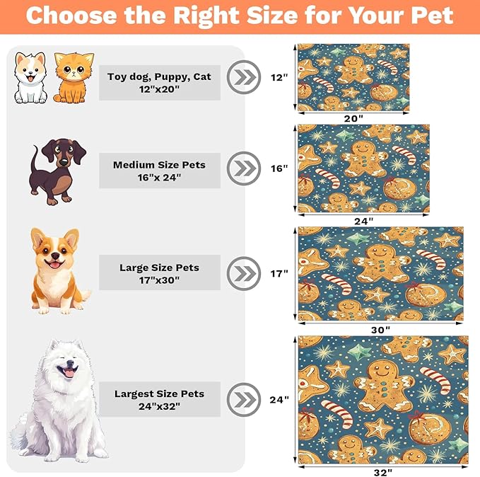 Christmas Gingerbread Dog Food Mat for Floors Absorbent, Quick Dry Water Dispenser Mat for Food, Water, Pet Supplies 17" x 30", Xmas Snowflake