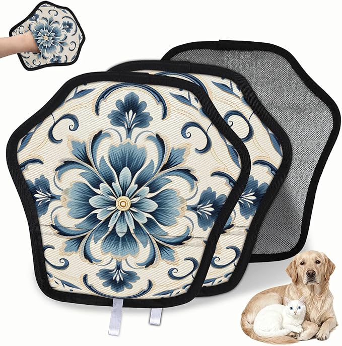 Blue Floral Electrostatic Pet Hair Removal Glove for Cats & Dogs - Reusable Grooming Mitt for Couch, Carpet, Car Seat & Laundry - Large 9x9 Inch