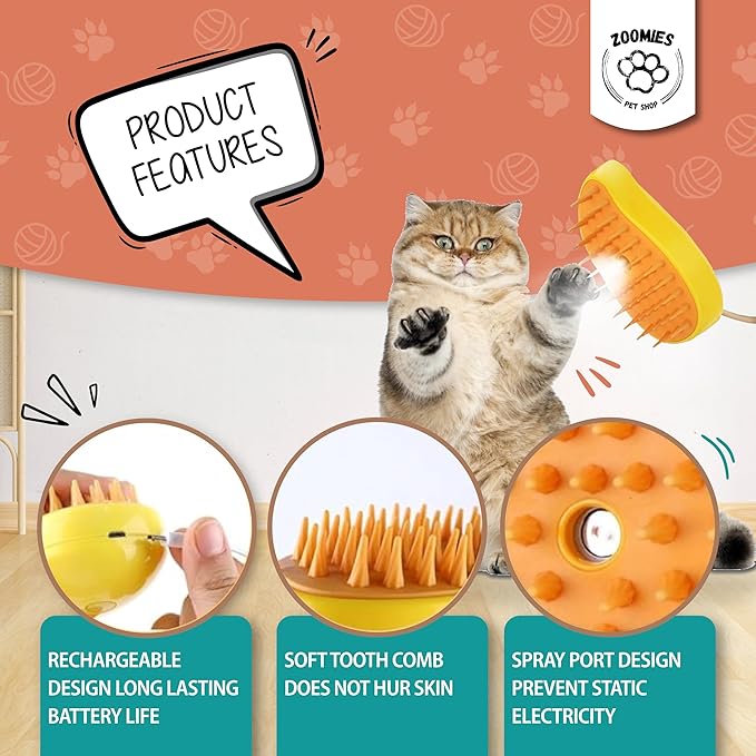ZOOMIES-Cat Steam Brush-Ultimate 3-in-1 Pet Care Solution: Steamy Cat & Dog Grooming Brush - Say Goodbye to Shedding and Tangled Hair with our Steam-Powered Steamer Brush, Yellow