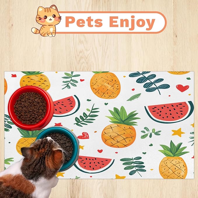 Watermelon Fruit Dog Food Mat for Floors Absorbent Dog Bowl Mat for Food and Water Dispenser Quick Dry Cat Food Placemat Pet Supplies 17" x 30", Pineapple