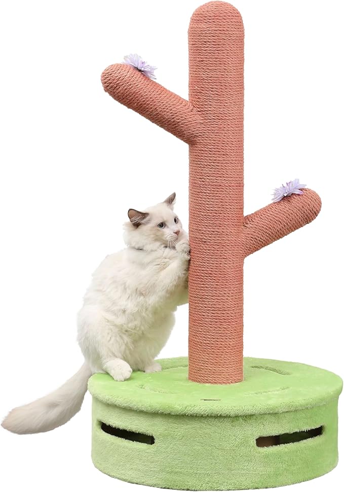 CTR1004A Rosa 36" Modern Jute Cactus Cat Scratching Post with Flower Toys and Built-in Bell Toys, Pink/Green