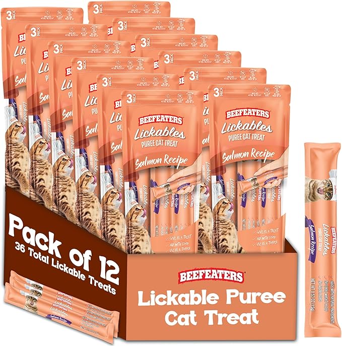 Beefeaters Salmon Pure Cat Treats 1.59oz (12 Pack) | Lickable Squeeze Tube Treats, Grain-Free, No Added Sugar, Real Salmon, Taurine-Enriched, Ideal for Bonding, Seniors, Toppers & Everyday Treating