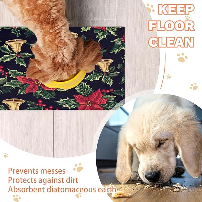 Red Poinsettia Dog Food Mat for Floors Absorbent, Quick Dry Water Dispenser Mat for Food, Water, Pet Supplies 17" x 30", Xmas Bells