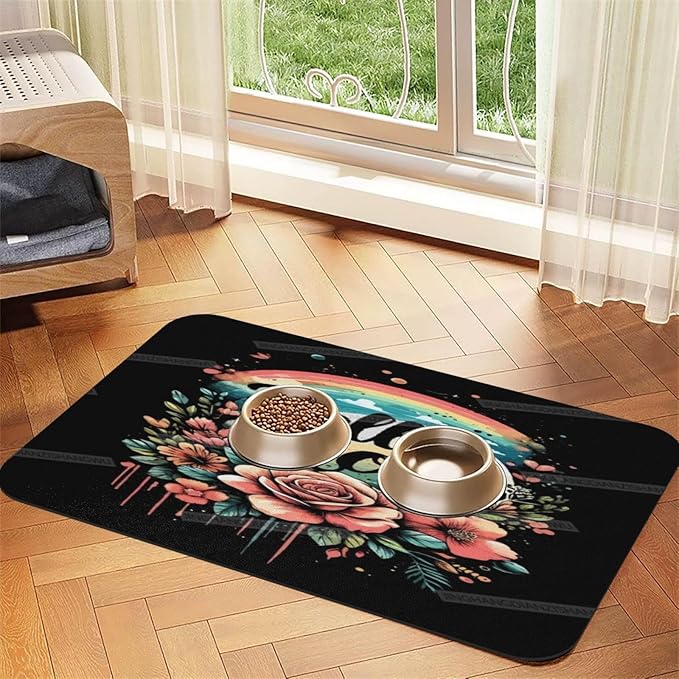 Pet Feeding Mats with Residue Collection Happy Mother's Day Floral Gift for Mom Rainbow Waterproof Dog Cat Bowl Mat 18X12In with Prevent Water Food Spills