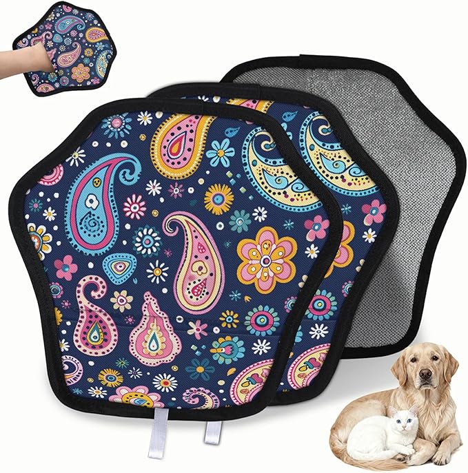 Floral Paisley Print Electrostatic Pet Hair Removal Glove for Cats & Dogs - Reusable Grooming Mitt for Couch, Carpet, Car Seat & Laundry - Large 9x9 Inch
