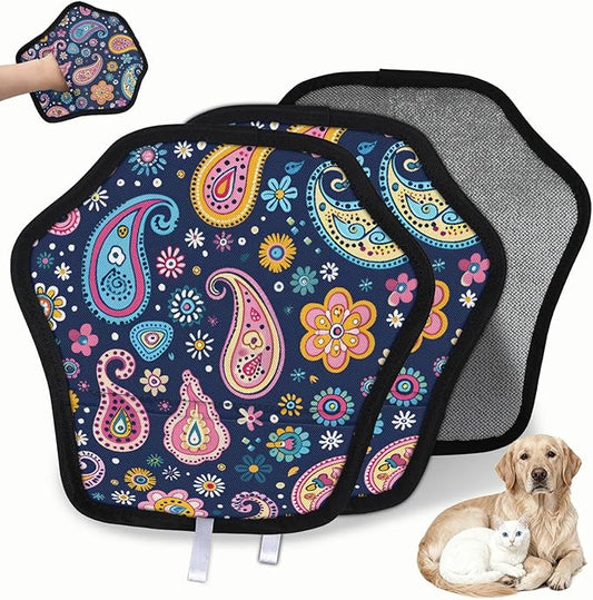 Floral Paisley Print Electrostatic Pet Hair Removal Glove for Cats & Dogs - Reusable Grooming Mitt for Couch, Carpet, Car Seat & Laundry - Large 9x9 Inch