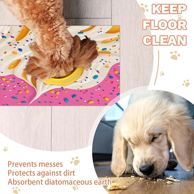 Ice Cream Dog Food Mat for Floors Absorbent Dog Bowl Mat for Food and Water Dispenser Quick Dry Cat Food Placemat Pet Supplies 17" x 30", Colorful Dessert
