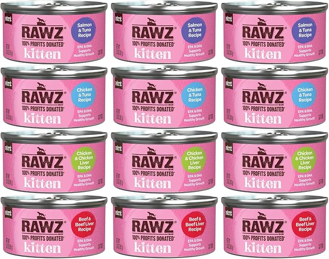 Rawz Natural Premium Kitten Pate Canned Cat Wet Food -12 Pack Cans Variety Flavor Pack -4 Flavors - (Salmon, Chicken, Tuna, Beef) Pets Can Lid - (2.8 oz Cans)