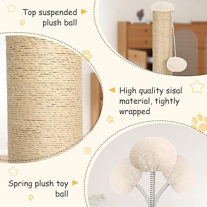 22 Inch Cat Scratching Post Cat Scratcher, Natural Sisal Rope Scratch Post Trees with Hanging Ball for Indoor Kittens