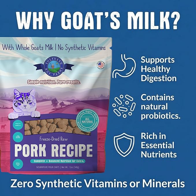 Shepherd Boy Farms Freeze-Dried Pork Cat Food – High-Protein, Grain-Free, Made with Organic Ingredients & Goat’s Milk (12oz)