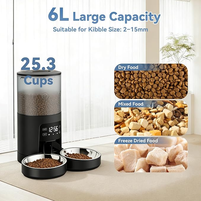 DUMOS Automatic Cat Feeder for 2 Cats, 6L Timed Cat Food Dispenser with 2 Stainless Bowls, 10s Voice Recorder, Dual Power Supply, 6 Meals 50 Portions Per Day, Dual Pet Feeder for Cat and Dog, Black