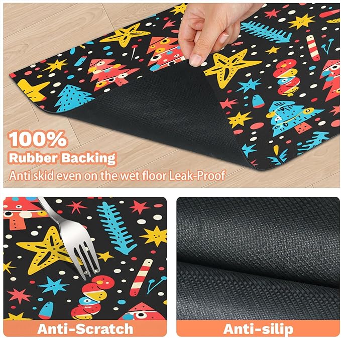 Christmas Tree Dog Food Mat for Floors Absorbent, Quick Dry Water Dispenser Mat for Food, Water, Pet Supplies 17" x 30", Star Moon