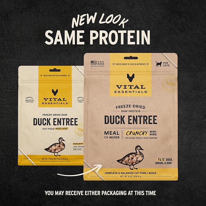 Vital Essentials Freeze Dried Cat Food, Raw Duck Crunchy Mini Nibs | Complete Meal or Topper | 96% Duck, Organs & Bone | Limited Ingredient, High Protein, Grain Free Dry Cat Food | 8 oz Bag
