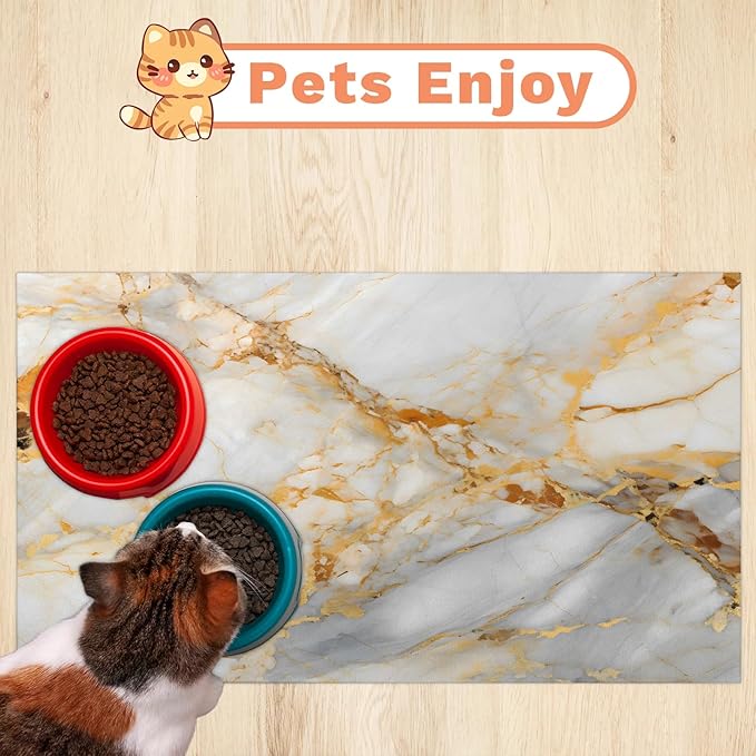 Marble Dog Food Mat for Floors Absorbent, Quick Dry Water Dispenser Mat for Food, Water, Pet Supplies 12" x 20", Golden White Abstract
