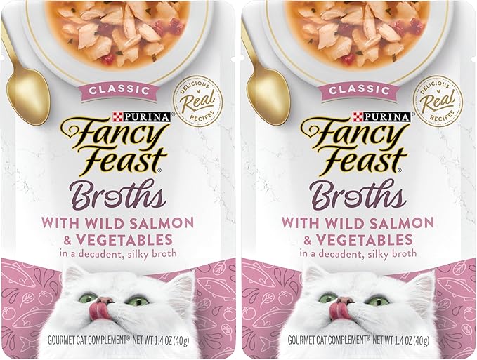 Fancy Feast Purina Lickable Wet Cat Food Broth Topper Complement,Classic with Wild Salmon and Vegetables - 1.4 oz. Pouches,(Pack of 32)