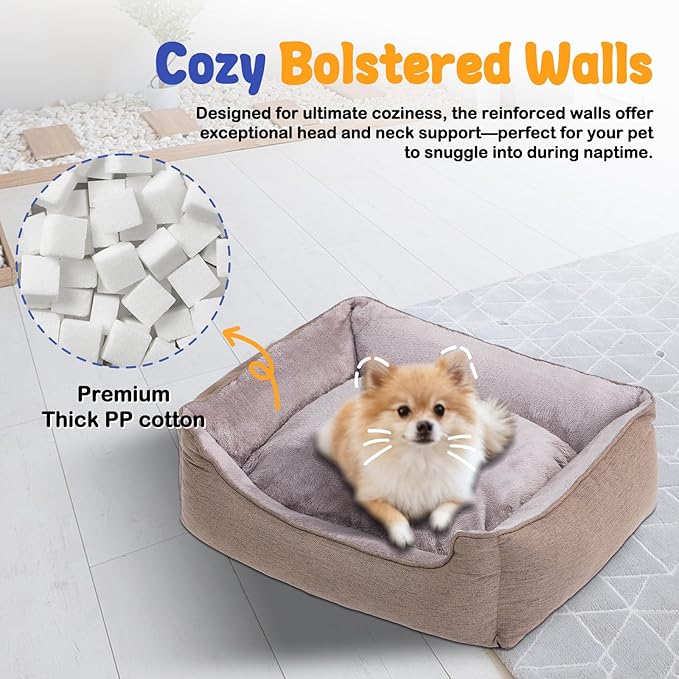 Makigued Rectangle Dog Bed for Small Dogs Washable Pet Bed with Bolster Sides Non-Slip Bottom Pet Sofa Waterproof Lining Durable Pet Cuddler, Light Brown, 21x 16x 6.3 in