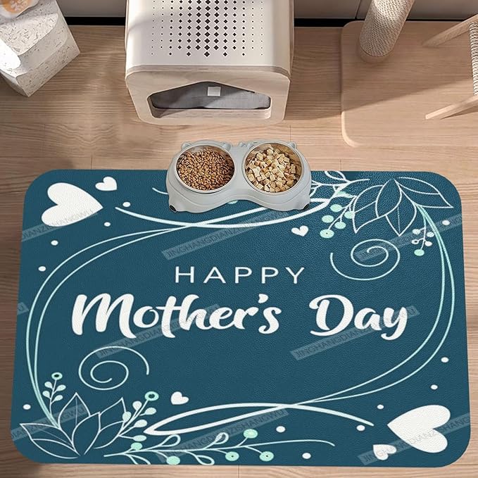 Dog Food Mat Happy Mother's Day Floral Gift for Mom Jo Absorbent Water Bowl Mats Cat Pet Feeding Placemats 18X12In