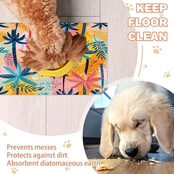 Palm Tree Dog Food Mat for Floors Absorbent, Quick Dry Water Dispenser Mat for Food, Water, Pet Supplies 16" x 24", Tropical Plant