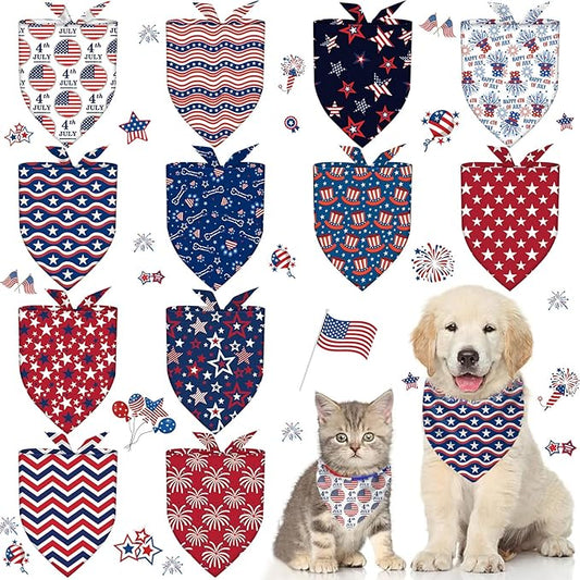 12Pcs 4th of July Dog Bandanas Bulk Independence Day Dog Bandana Adjustable Triangle Reversible Pet Accessories Patriotic American Flag Puppy Scarf for Small Medium Large Dogs Cats Memorial Day Supply