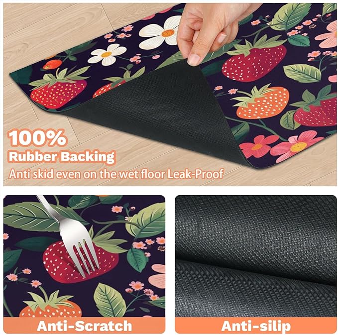 Strawberry Dog Food Mat for Floors Absorbent Dog Bowl Mat for Food and Water Dispenser Quick Dry Cat Food Placemat Pet Supplies 24" x 32", Spring Floral