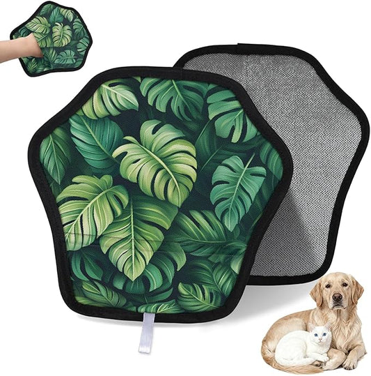 Botanical Palm Leaves Electrostatic Pet Hair Removal Glove for Cats & Dogs - Reusable Grooming Mitt for Couch, Carpet, Car Seat & Laundry - Large 9x9 Inch