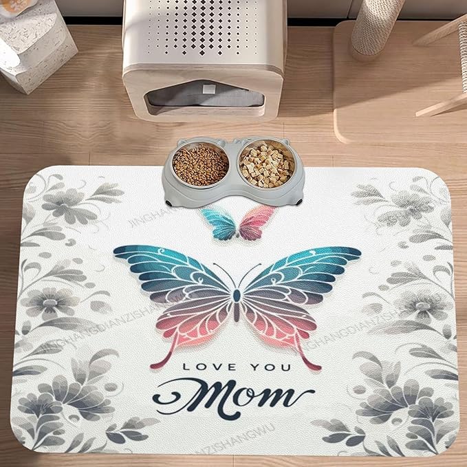 Dog Food Mats for Floors Absorbent Pet Cat Food Mat Happy Mother's Day Floral Gift Mom Butterfly Non Slip Dogs Bowl Mats for Water Dog Placemats Feeding Mat Pet Supplies 18X12In