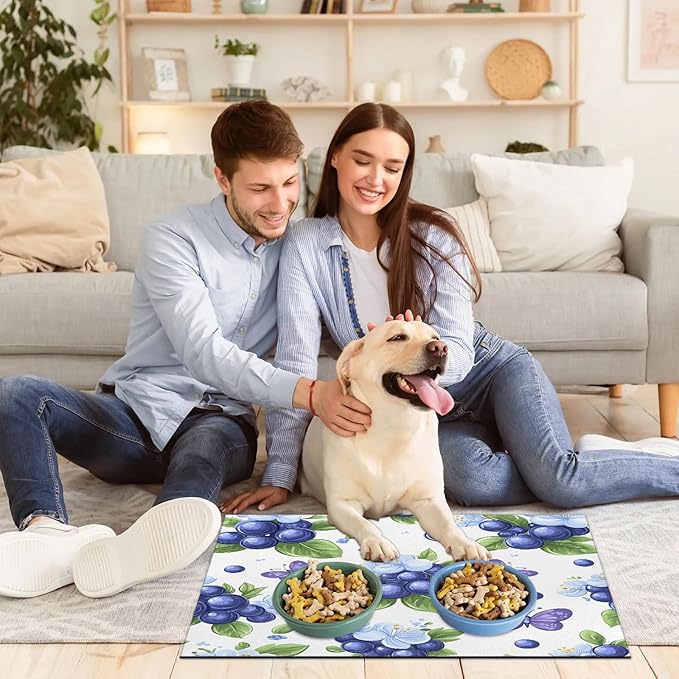 Blueberry Fruit Dog Food Mat for Floors Absorbent Dog Bowl Mat for Food and Water Dispenser Quick Dry Cat Food Placemat Pet Supplies 12" x 20", Green Leave
