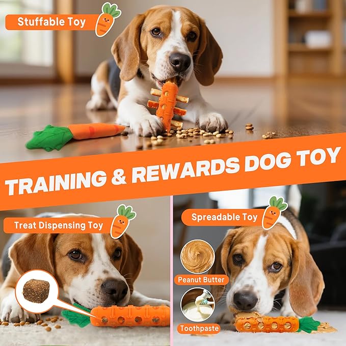Fida 2-in-1 Puppy Teething Toys, Natural Rubber Chew Toys for Dogs to Keep Them Busy & Plush Toys with Crinkle Leaves, Interactive Dog Toys for Small Medium Breeds and Puppies.(Carrot)