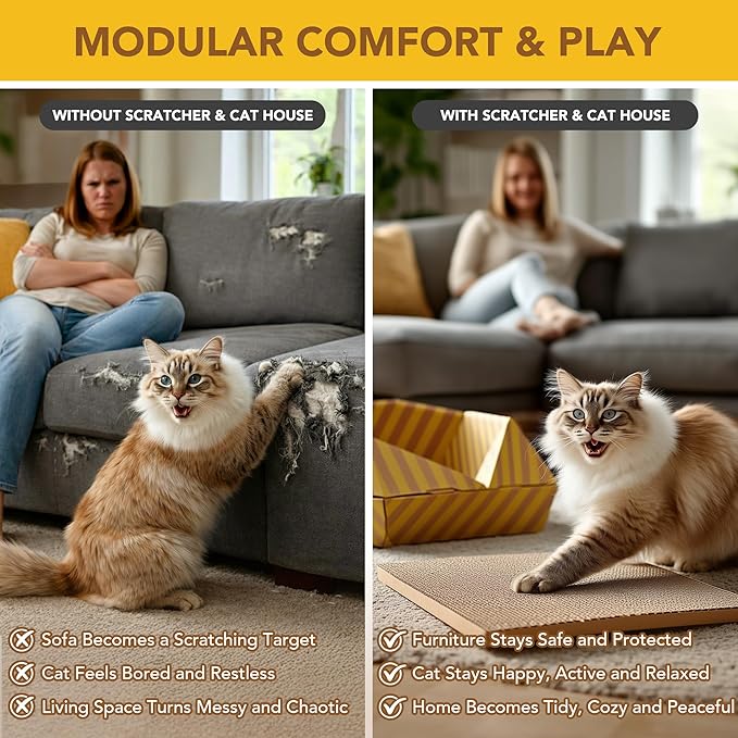 PETNOVO Foldable Cat Bed & House for Travel – Origami Cardboard Cat House with Built-in Honeycomb Scratcher Pad, No-Tools Assembly, FSC-Certified Recyclable, Yellow, 18.5" L x 18.5" W x 11.8" H