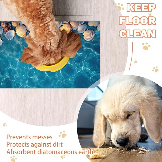Ocean Seashell Dog Food Mat for Floors Absorbent Dog Bowl Mat for Food and Water Dispenser Quick Dry Cat Food Placemat Pet Supplies 24" x 32", Hawaiian Seaside
