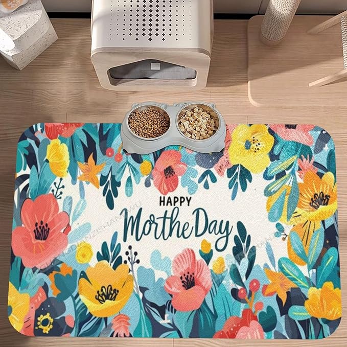 Pet Feeding Mat Absorbent Dog Mat for Food and Water Bowl Dog Accessories Happy Mother's Day Floral Gift for Mom Cg Pet Supplies Dogs Quick Dry Cat Water Dispenser Mats 24x16In