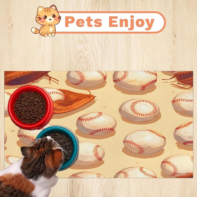 Baseball Dog Food Mat for Floors Absorbent, Quick Dry Water Dispenser Mat for Food, Water, Pet Supplies 12" x 20", Sports Theme
