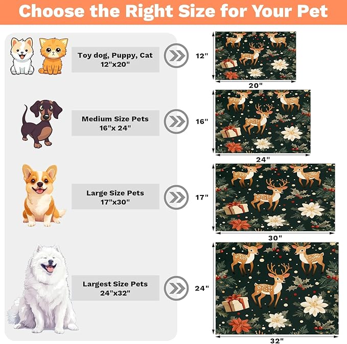 Cute Deer Dog Food Mat for Floors Absorbent, Quick Dry Water Dispenser Mat for Food, Water, Pet Supplies 24" x 32", Christmas Flower