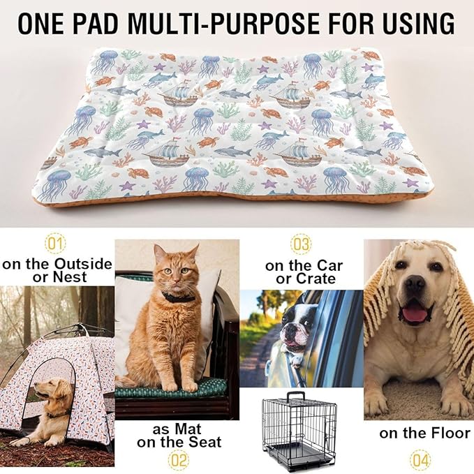 Dog Bed for Crate Washable Pet Sleep Pad, Marine Animals Kennel Mat with Non-Slip Bottom, Soft Fluffy Supplies Pet for Dogs and Cats (36x24 inch)