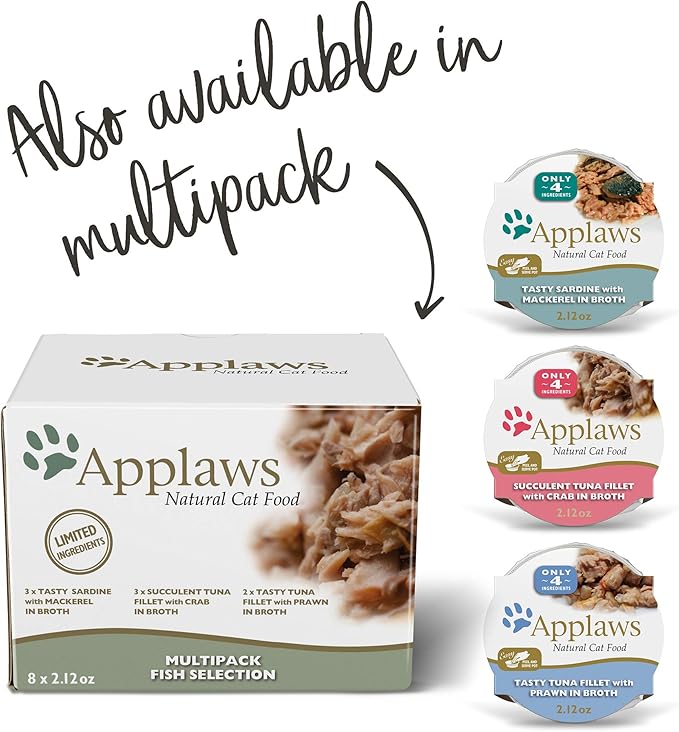 Applaws Natural Wet Cat Food, 18 Count, Limited Ingredient Cat Food Pots, Tuna Fillet with Crab in Broth, 2.12oz Pots
