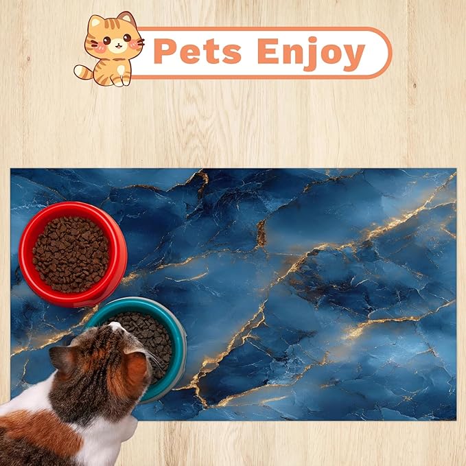 Blue Marble Dog Food Mat for Floors Absorbent, Quick Dry Water Dispenser Mat for Food, Water, Pet Supplies 16" x 24", Modern Abstract