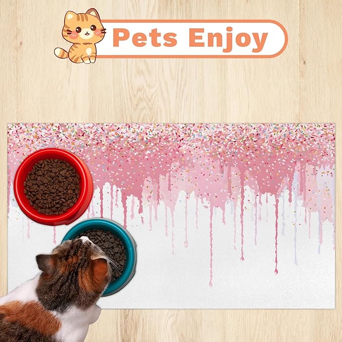 Ice Cream Dog Food Mat for Floors Absorbent Dog Bowl Mat for Food and Water Dispenser Quick Dry Cat Food Placemat Pet Supplies 12" x 20", White Pink Cream