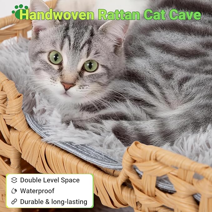 Handwoven Rattan Cat Cave w/Two Cushions, Cat Beds Indoor Kitten House, Wateproof & Foldable Pet Cube Bed, Natural Color, 16.5”L x 16.5”W x 12.6”H